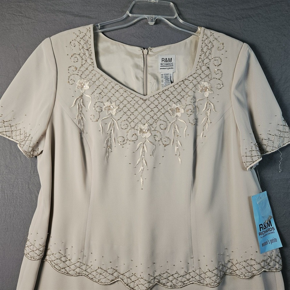 NWT R&M Richards Womens Petite 20WP Champagne Beaded 2pc Dress Jacket Set